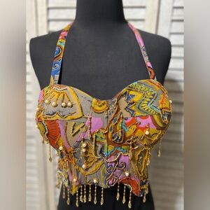 Vintage Heavily Fringe Beaded Y2K Halter Crop Top 90s